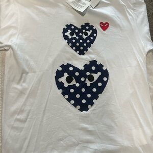 Comme des Garcons mens Tee - White with Blue and Red Hearts